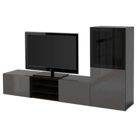 Шкаф для ТВ, комбинированный, стекляные дверцы БЕСТО, черно-коричневый, Сельсвикен глянцевый/серый прозрачное стекло (240x40x128