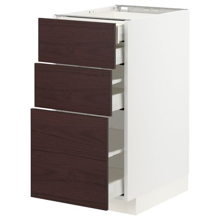Напольный шкаф 3 фронтальные панели, 2 низких, 1 средний, 1 встроенный ящ, белый Аскерсунд/темно-коричневый под ясень 40x60 см