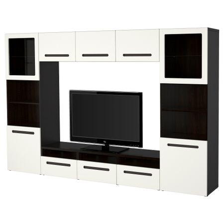 Шкаф для ТВ, комбинированный, стекляные дверцы БЕСТО, черно-коричневый, Марвикен белый прозрачное стекло (300x40x192 см)