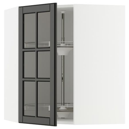 METOD Углов навесн шкаф с врщ скц/сткл дв - белый/Bodbyn чёрный 68x80 см