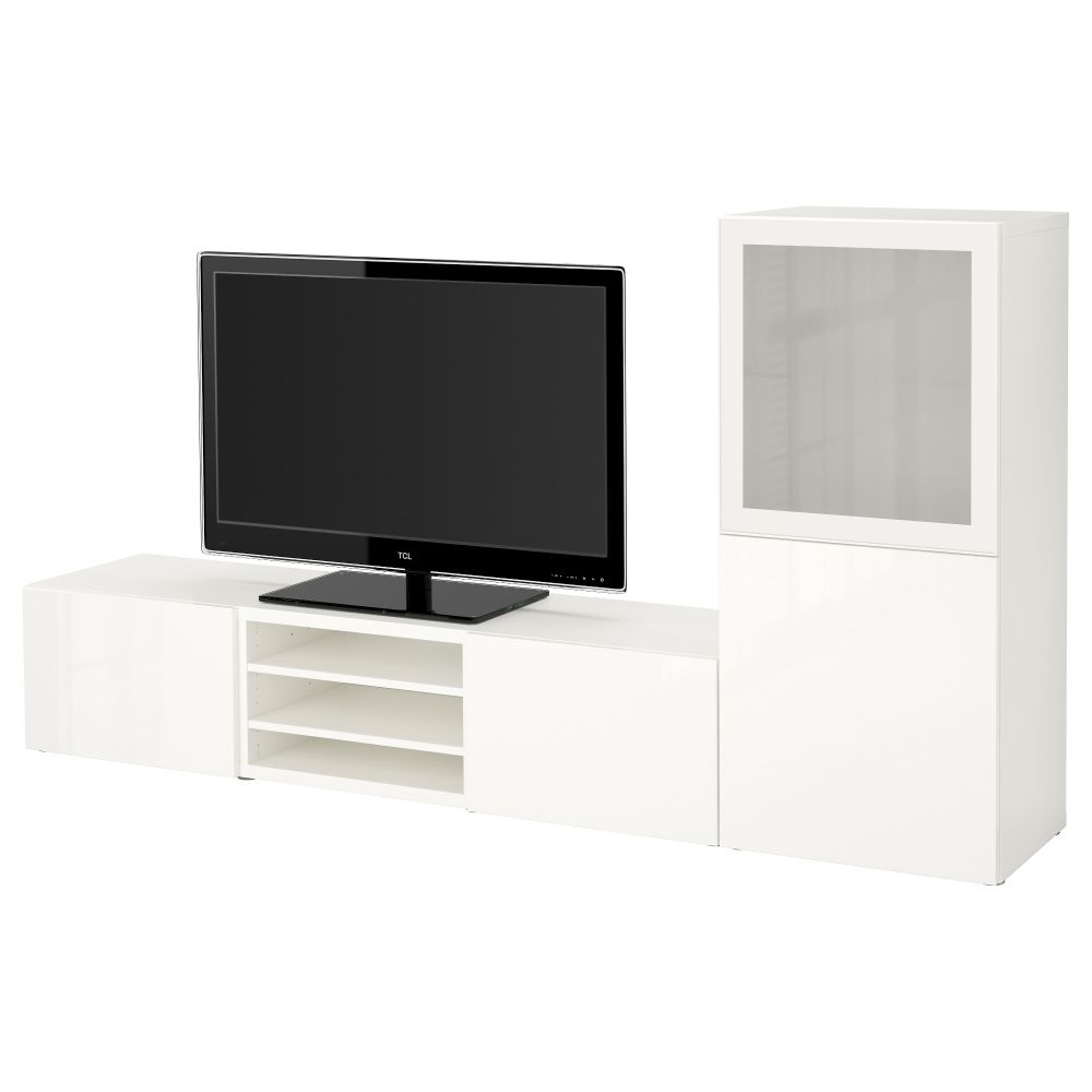 Шкаф для ТВ, комбинированный, стекляные дверцы БЕСТО, белый, Сельсвикен глянцевый/белый матовое стекло (240x40x128 см) - фото 1