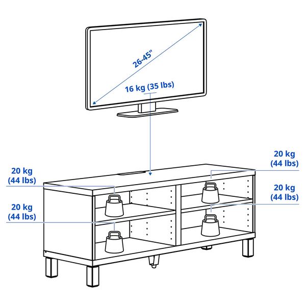 BESTÅ Тумба под ТВ - под беленый дуб 120x40x48 см - схема-чертеж с размерами
