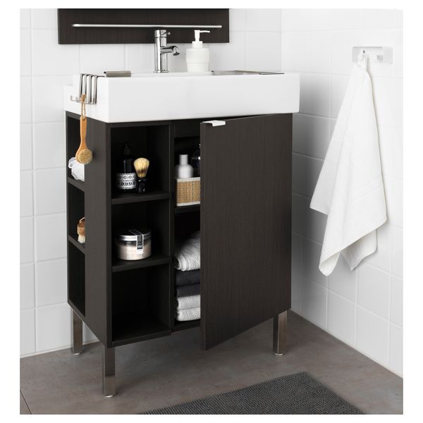 Шкаф под раковину с 1 дверцей, 2 открывающихся полки ЛИЛЛОНГЕН, черно-коричневый (60x41x92 см) - схема-чертеж с размерами