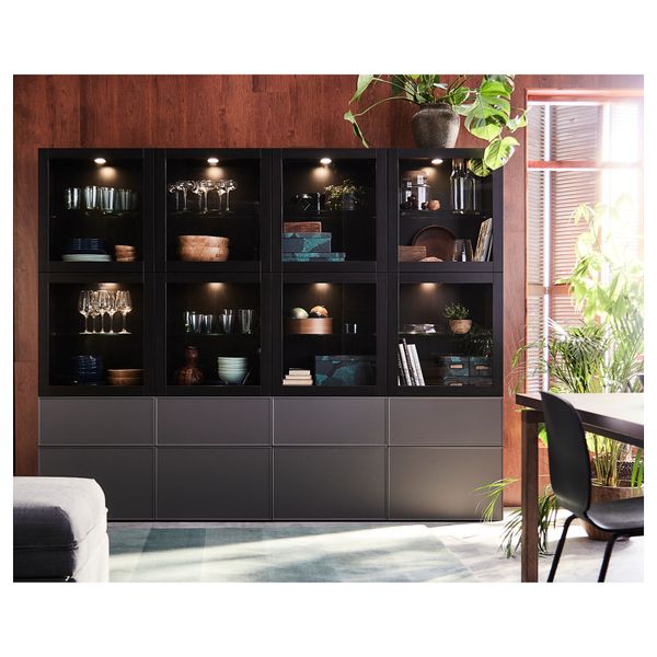 Комбинация для хранения со стеклянными дверцами БЕСТО, черно-коричневый Грундсвикен, темно-серый прозрачное стекло (120x40x192 - схема-чертеж с размерами