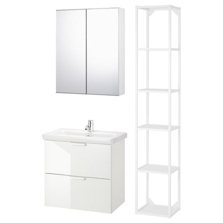 Комплект мебели для ванной,7 предм., глянцевый белый/ПИЛКОН смеситель 64x43x65 см IKEA FISKÅN ФИСКОН / TVÄLLEN ТВЭЛЛЕН