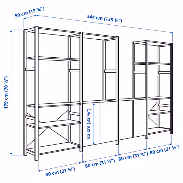 IVAR 4 секции/полки - сосна 344x50x179 см - схема-чертеж с размерами