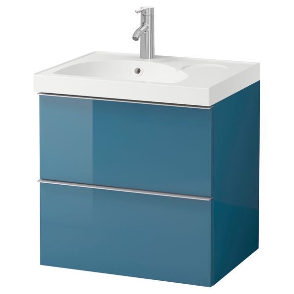 Шкаф для раковины с 2 ящиками ГОДМОРГОН / ЭДЕБОВИКЕН, глянцевый бирюзовый (60x49x64 см) - фото 2