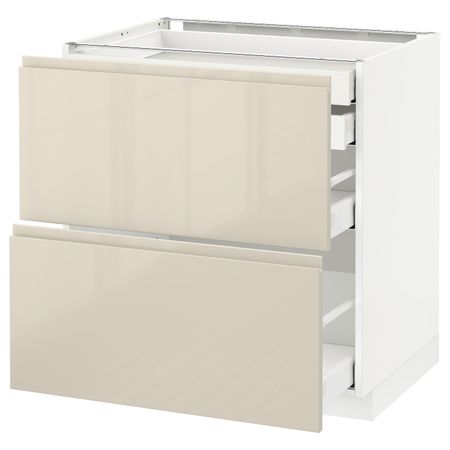 Напольный шкаф 2 фронтальные панели, 2 нижних, 1 средний, 1 высокий ящ, белый/Воксторп глянцевый светло-бежевый 80x60 см IKEA