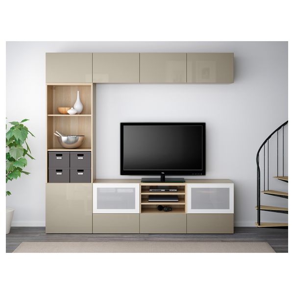 Шкаф для ТВ, комбинированный, стекляные дверцы БЕСТО, под беленый дуб, Сельсвикен глянцевый/бежевый матовое стекло (240x40x230 - фото 2