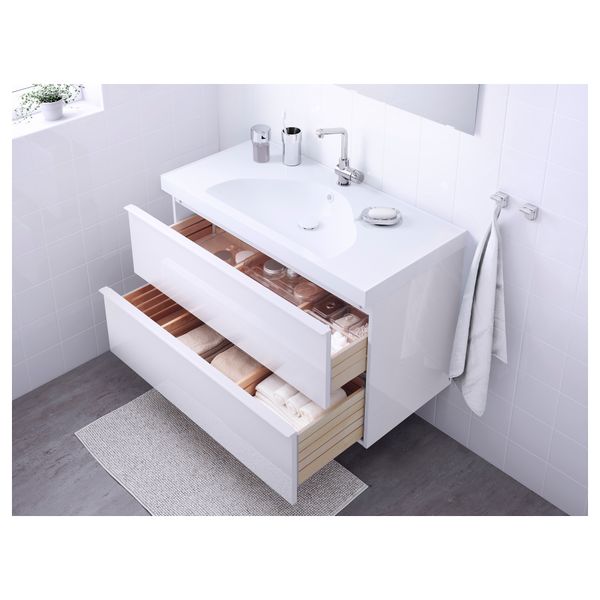 Шкаф для раковины с 2 ящиками ГОДМОРГОН / ЭДЕБОВИКЕН, глянцевый белый (100x49x64 см) - фото 3
