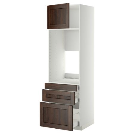 Высокий шкаф для двойной духовки, 3 ящика, дверца МЕТОД / МАКСИМЕРА, белый, Эдсерум коричневый