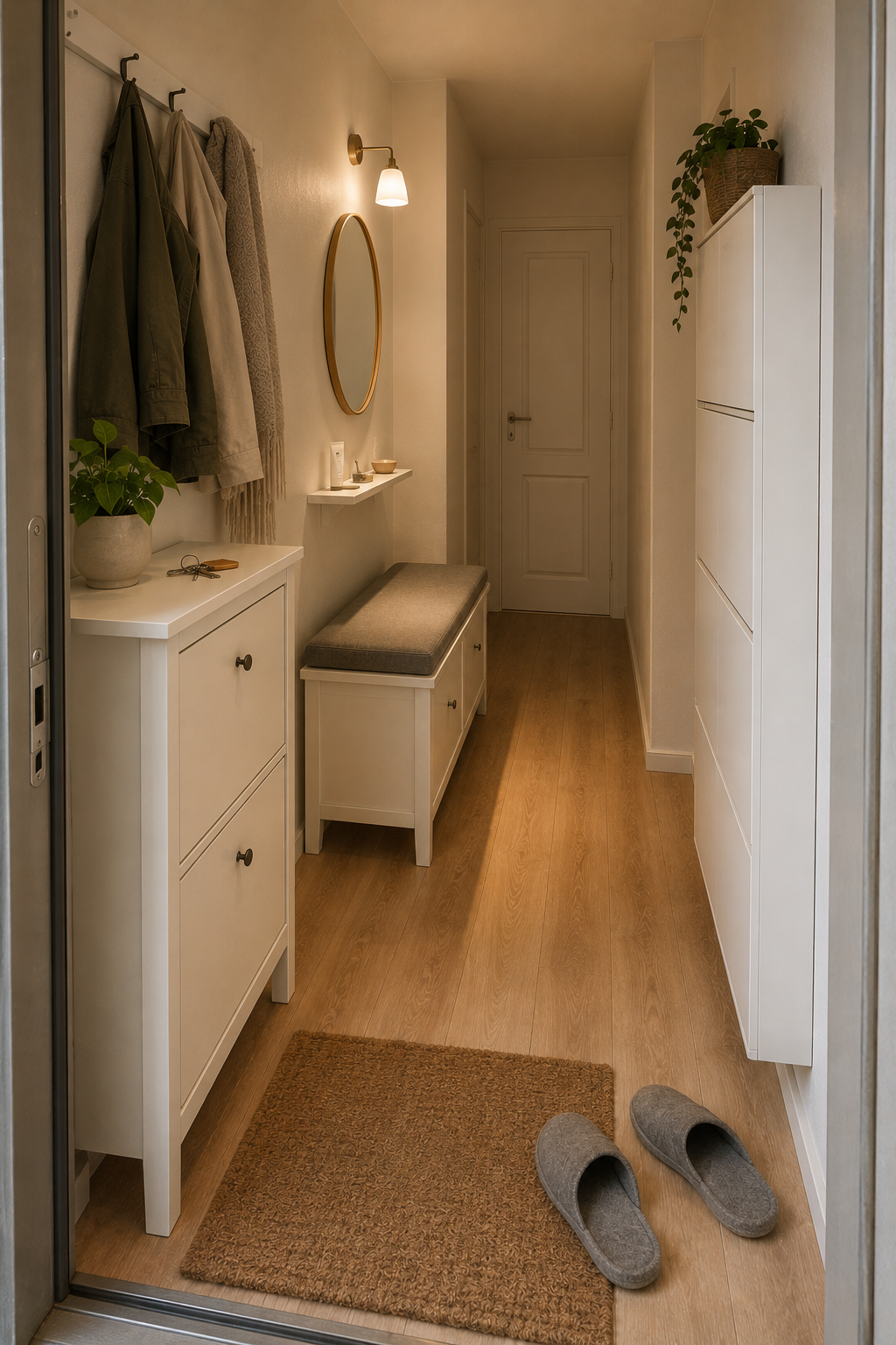 Узкая прихожая в хрущёвке: обувница HEMNES, навесная TRONES и скамья с крючками