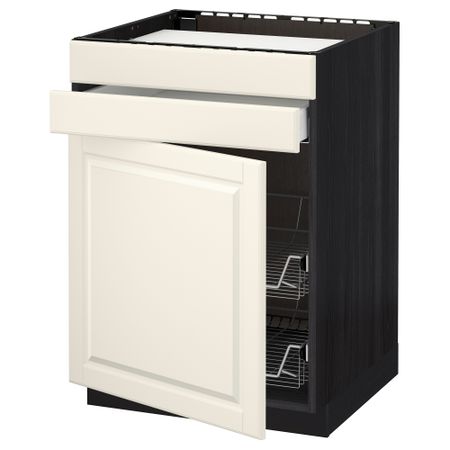 Напольный шкаф для варочной панели, ящик, 2 проволочных корзины МЕТОД / МАКСИМЕРА, черный, Будбин белый с оттенком (60x60 см)