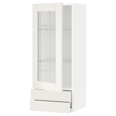 Навесной шкаф, стеклянная дверца, 2 ящика МЕТОД / ФОРВАРА, белый, Сэведаль белый