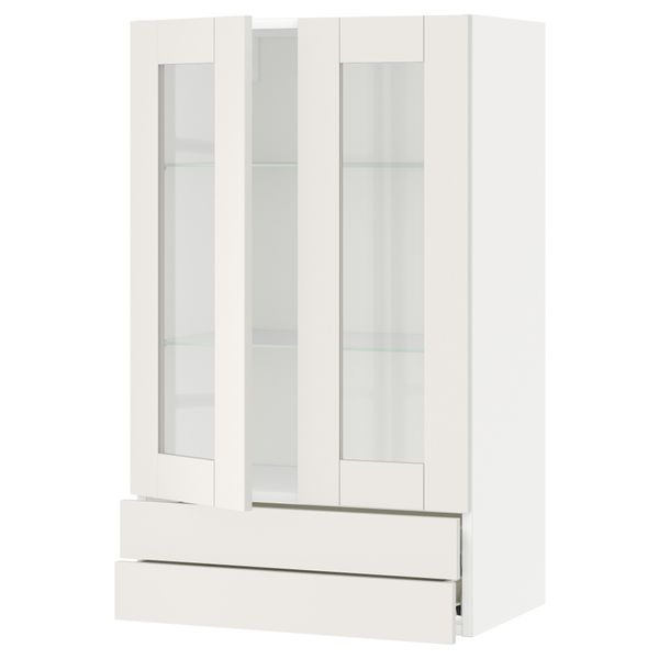 Навесной шкаф, 2 стеклянные дверцы, 2 ящика МЕТОД / ФОРВАРА, белый, Сэведаль белый - схема-чертеж с размерами