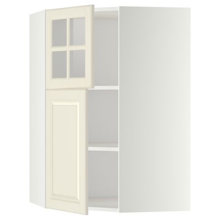 Угловой навесной шкаф + полки, 1 дверца, 1 стеклянные дверцы МЕТОД, белый, Будбин белый с оттенком (68x100 см)