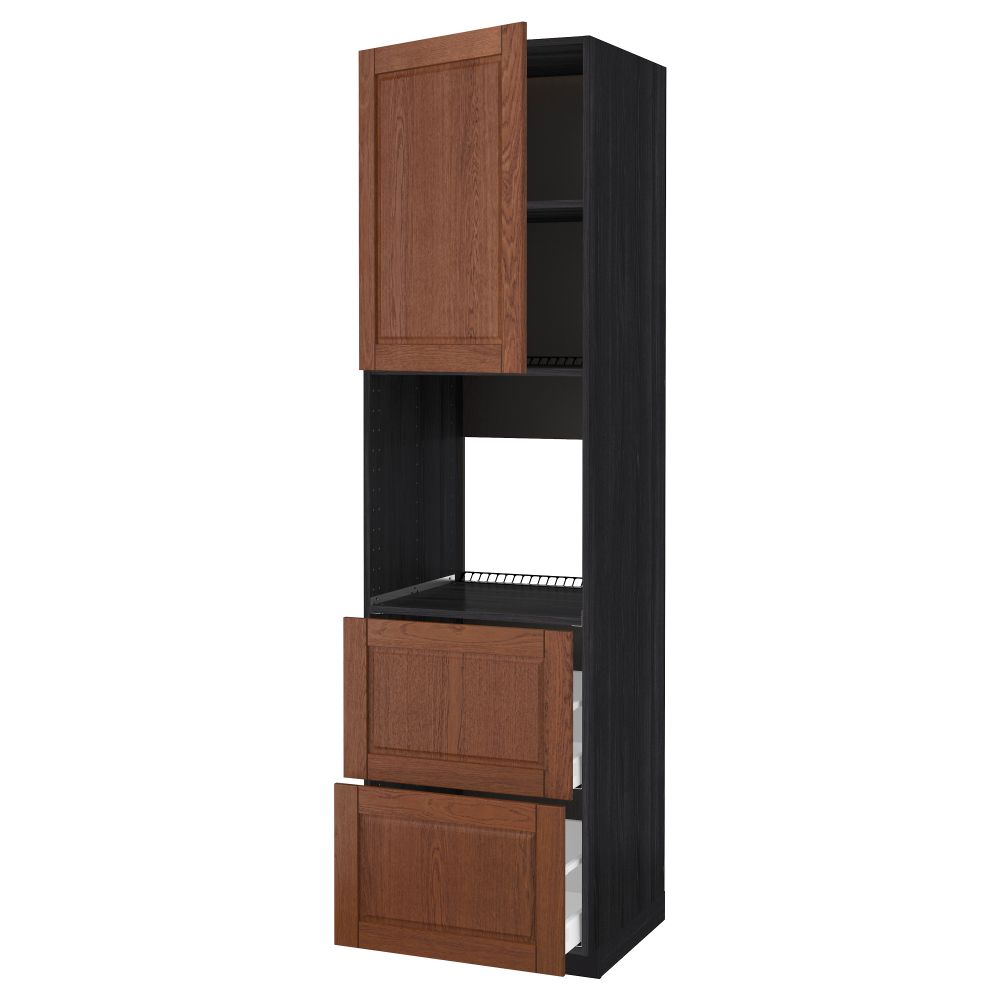Высокий шкаф для духовки + дверца, 2 форнтальных, 2 высоких ящик МЕТОД / МАКСИМЕРА, черный, Филипстад коричневый - схема-чертеж с размерами