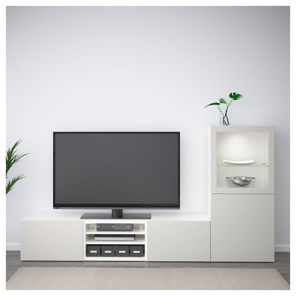 Шкаф для ТВ, комбинированный, стекляные дверцы БЕСТО, белый, Лаппвикен светло-серый прозрачное стекло (240x40x128 см) - фото 2