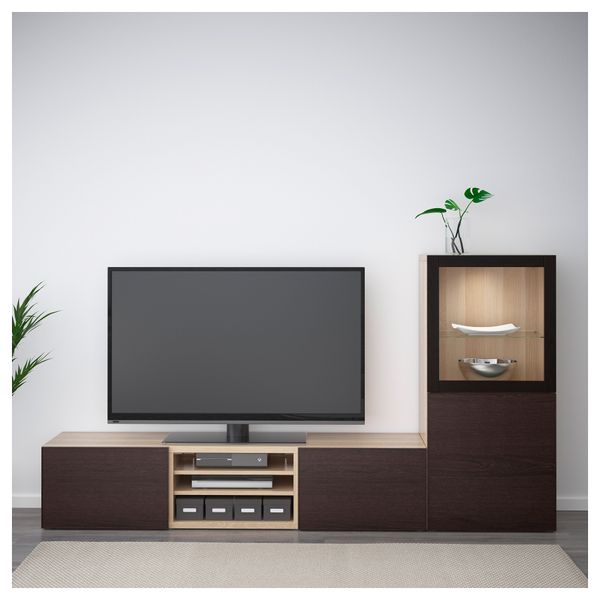 Шкаф для ТВ, комбинированный, стекляные дверцы БЕСТО, под беленый дуб, Инвикен черно-коричневый прозрачное стекло (240x40x128 - фото 2