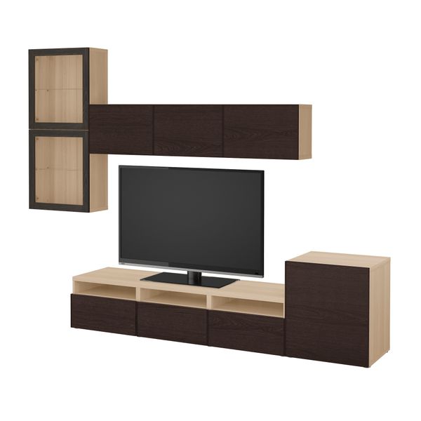 Шкаф для ТВ, комбинированный, стекляные дверцы БЕСТО, под беленый дуб Синдвик, Инвикен черно-коричневый прозрачное стекло - фото 1