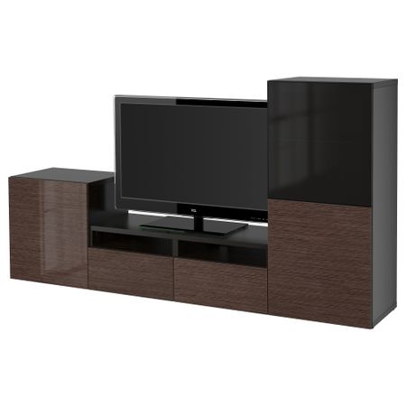 Шкаф для ТВ, комбинированный, стекляные дверцы БЕСТО, черно-коричневый, Сельсвикен глянцевый/коричневый дымчат стекло