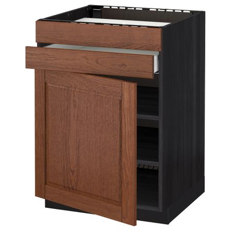 Напольный шкаф для варочной панели, доводчик, 2 фасада, 1 ящик МЕТОД / МАКСИМЕРА, черный, Филипстад коричневый (60x60 см)
