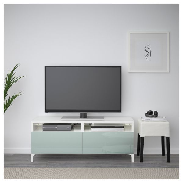 Тумба для ТВ с ящиками БЕСТО, белый, Сельсвикен глянцевый/серо-зеленый светлый (120x40x48 см) - фото 2