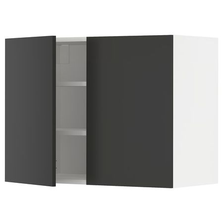 METOD Навесной шкаф с полками/2дверцы - белый/Nickebo матовый антрацит 80x60 см