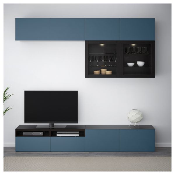 Шкаф для ТВ, комбинированный, стекляные дверцы БЕСТО, черно-коричневый Вальвикен, темно-синий прозрачное стекло (240x40x230 см) - фото 2