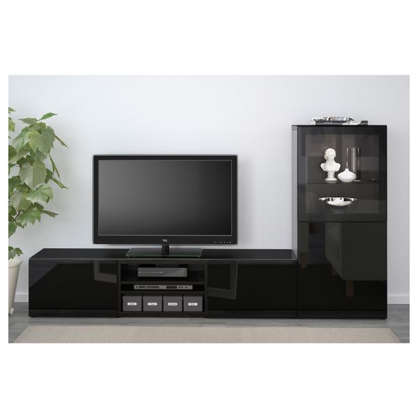 Шкаф для ТВ, комбинированный, стекляные дверцы БЕСТО, черно-коричневый, Сельсвикен глянцевый/черный прозрачное стекло - фото 2