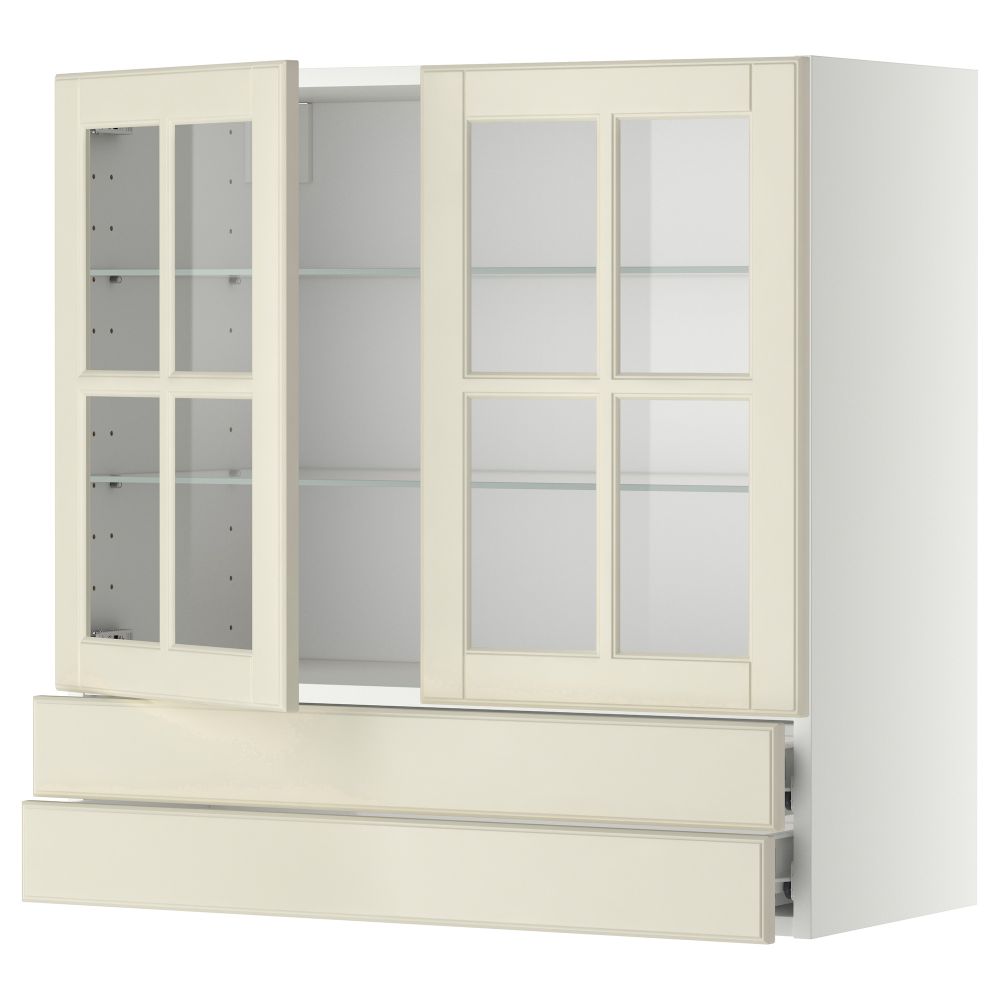 Навесной шкаф, 2 стеклянные дверцы, 2 ящика МЕТОД / ФОРВАРА, белый, Будбин белый с оттенком - фото 1