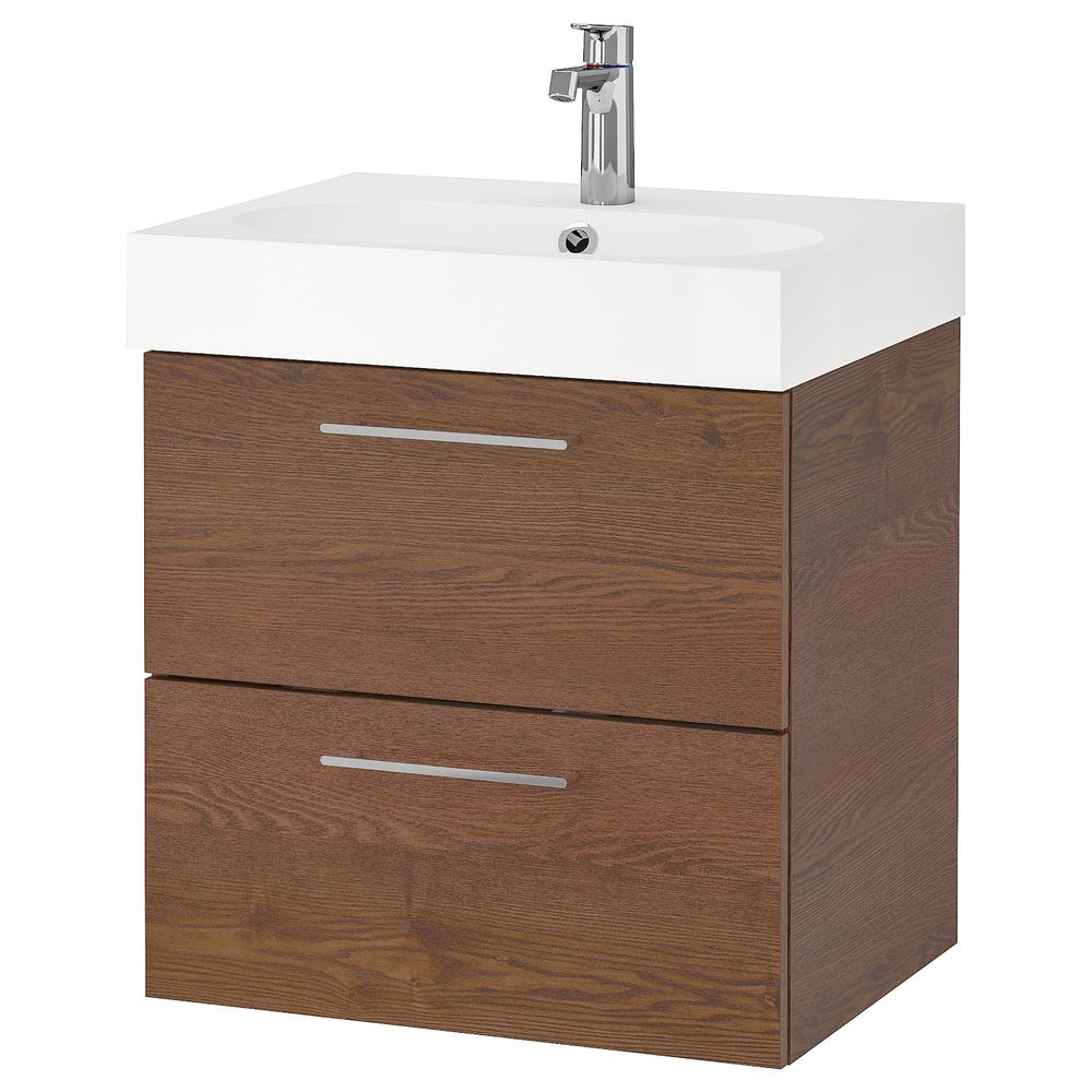 Шкаф для раковины с 2 ящ, под коричневый мореный ясень/БРОГРУНД смеситель 61x49x68 см IKEA GODMORGON ГОДМОРГОН / BRÅVIKEN - фото 1