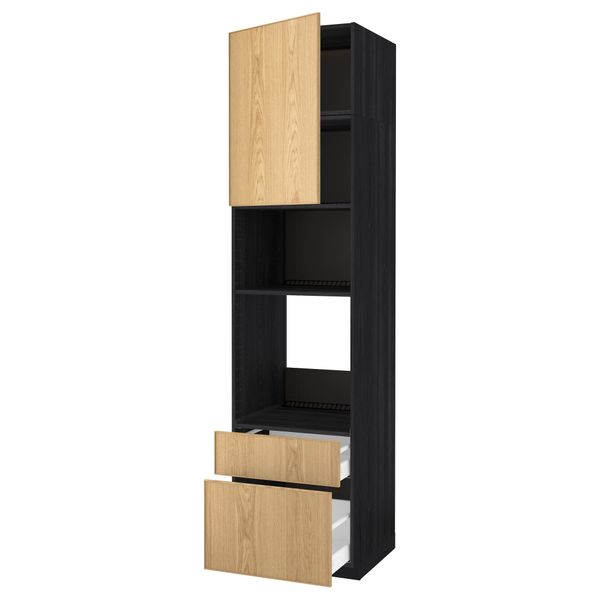 Высокий шкаф для духовки/СВЧ дверца, 2 ящика МЕТОД / МАКСИМЕРА, черный, Экестад дуб - схема-чертеж с размерами