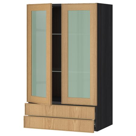 Навесной шкаф, 2 стеклянные дверцы, 2 ящика МЕТОД / ФОРВАРА, черный, Экестад дуб