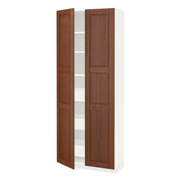 Высокий шкаф с ящиками, 2 дверцы МЕТОД / МАКСИМЕРА, белый, Филипстад коричневый (80x37x200 см) - схема-чертеж с размерами