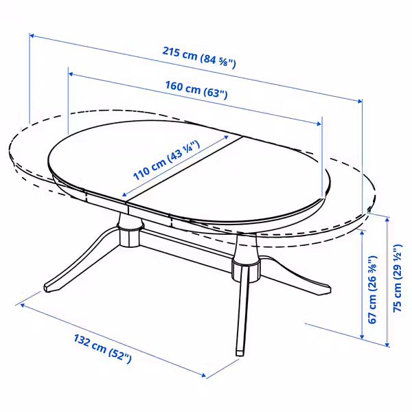 ROSENTORP РОЗЕНТОРП Раздвижной стол - чёрный 160/215x110 см - схема-чертеж с размерами