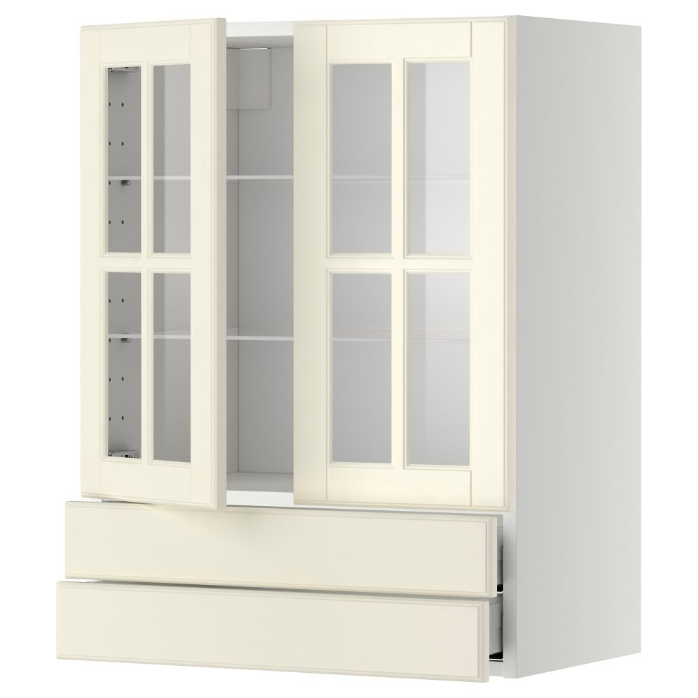 Навесной шкаф, 2 стеклянные дверцы, 2 ящика МЕТОД / МАКСИМЕРА, белый, Будбин белый с оттенком - схема-чертеж с размерами