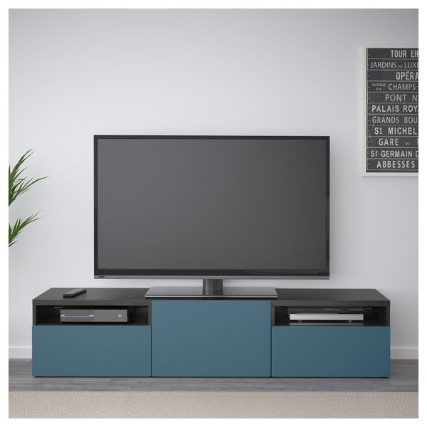 Тумба для ТВ с ящиками БЕСТО, черно-коричневый, Вальвикен темно-синий (180x40x38 см) - фото 2