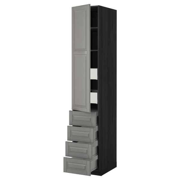 Высокий шкаф с полками/6 ящик, дверцами, 4 фронтальные панели МЕТОД / ФОРВАРА, черный, Будбин серый - фото 1