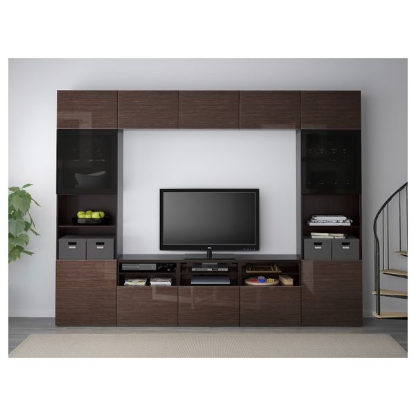 Шкаф для ТВ, комбинированный, стекляные дверцы, черно-коричневый/Сельсвикен глянцевый, коричневый дымчат стекло 300x40x230 см - фото 3