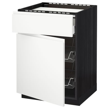 Напольный шкаф для варочной панели, ящик, 2 проволочных корзины МЕТОД / МАКСИМЕРА, черный, Воксторп белый (60x60 см)
