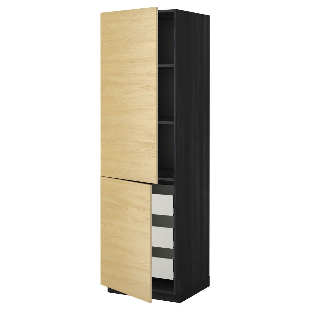 Высокий шкаф + полки, 3 ящика, 2 дверцы МЕТОД / МАКСИМЕРА, черный, Тингсрид береза - фото 1