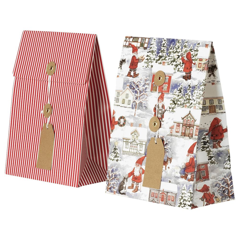 Подарочный пакет, орнамент «Санта Клаус»/орнамент «полоска» красный 20x26 см/2.5 л IKEA VINTER 2020 ВИНТЕР 2020 304.742.57 - фото 1