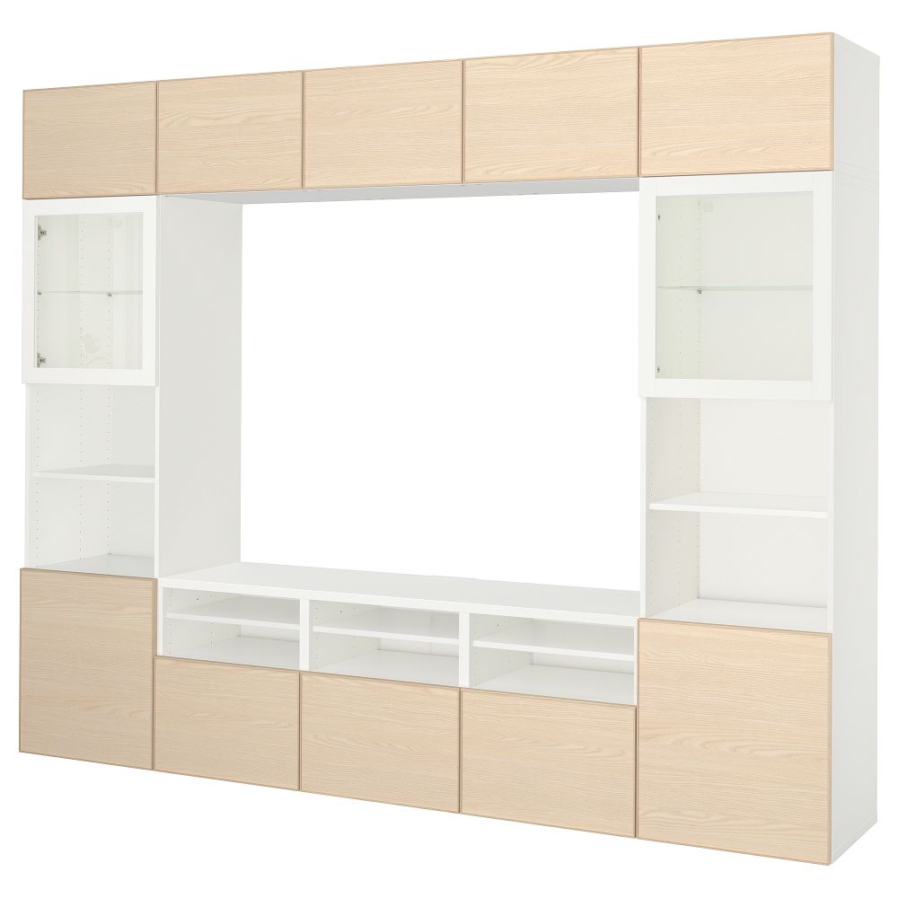 Шкаф для ТВ, комбинированный, стекляные дверцы БЕСТО, белый Инвикен, ясеневый шпон прозрачное стекло (300x40x230 см) - фото 1