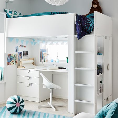 Кровать-чердак, белый бледно-бирюзовый/с письменным столом с 4 ящиками 90x200 см IKEA SMÅSTAD СМОСТАД 793.921.04