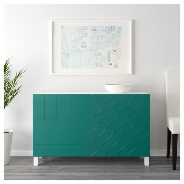 Комбинация для хранения с дверцами, ящиками БЕСТО, белый, Халлставик сине-зеленый (120x40x74 см) - схема-чертеж с размерами