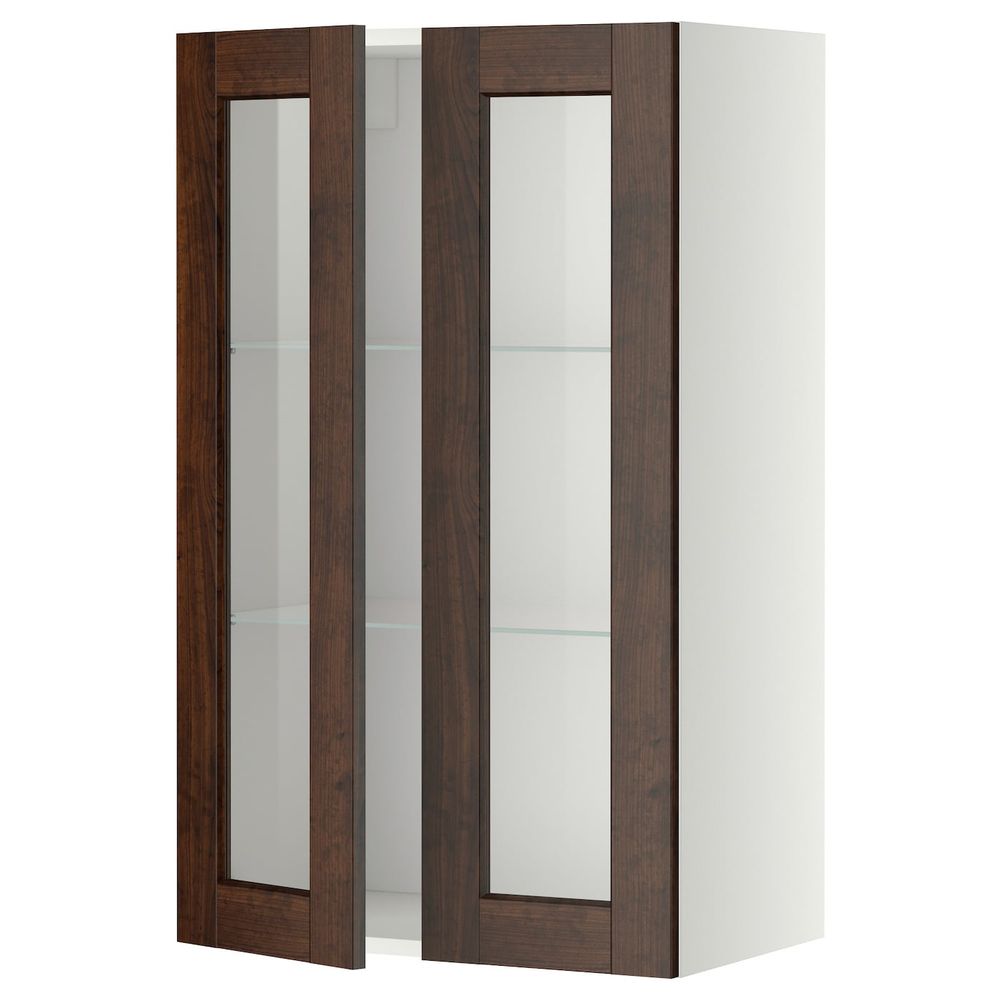 Навесной шкаф с полками, 2 стекло дв, белый/Эдсерум коричневый 60x100 см IKEA METOD МЕТОД 792.264.21 - фото 1