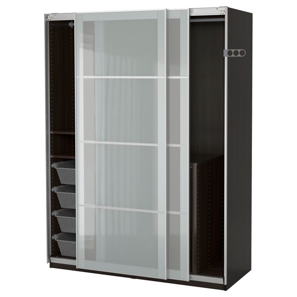 Гардероб ПАКС, черно-коричневый, Сэккен матовое стекло - фото 1