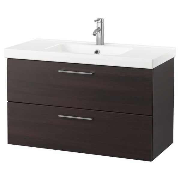 Шкаф для раковины с 2 ящиками ГОДМОРГОН / ОДЕНСВИК, черно-коричневый (100x49x64 см) - фото 1