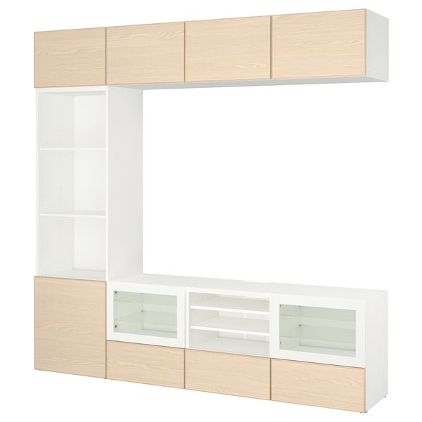Шкаф для ТВ, комбинированный, стекляные дверцы БЕСТО, белый Инвикен, ясеневый шпон прозрачное стекло (240x40x230 см) - фото 1